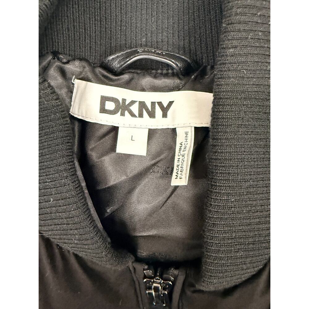 DKNY Bomber Jacket Women Large Black Full Zip Faux Fur Sleeve Cropped Winter NWT - Picture 8 of 11